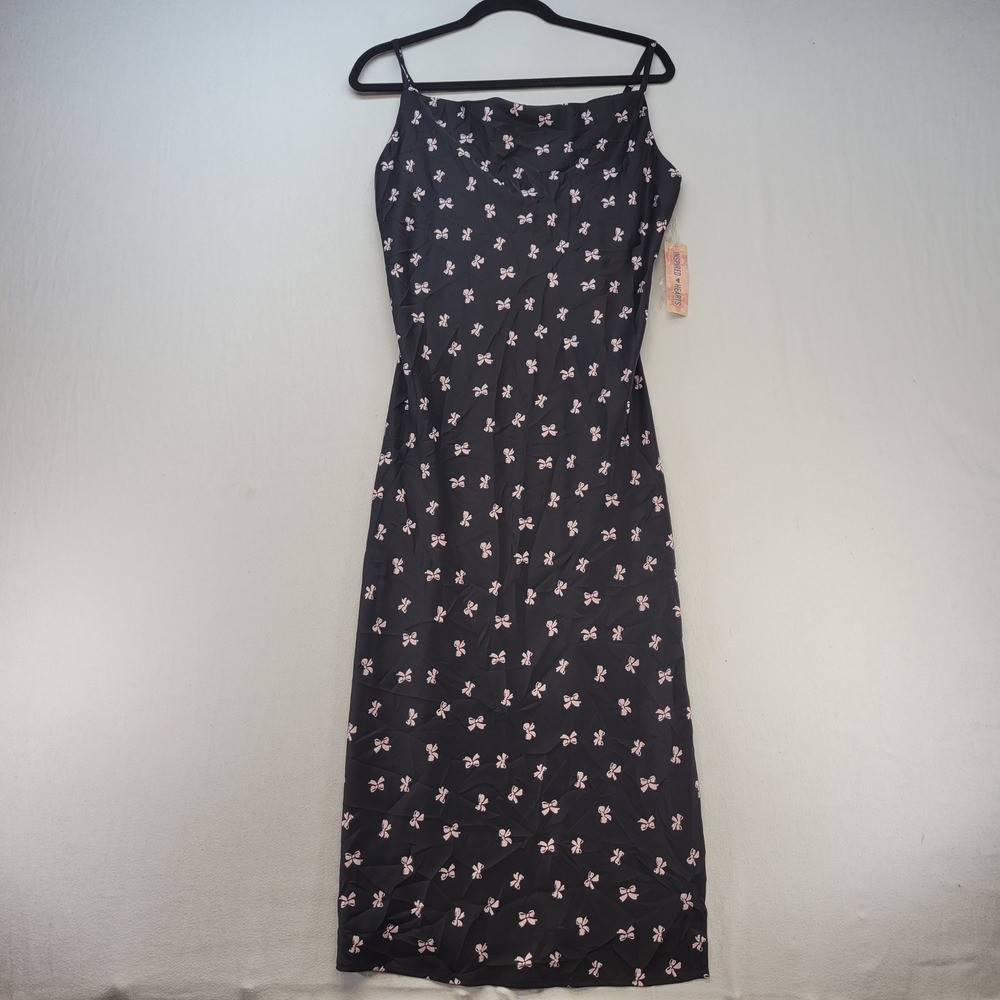 Inspired Hearts Midi Dress Womens XL Black Pink Bow Cowl Coquette Slip Dress NWT